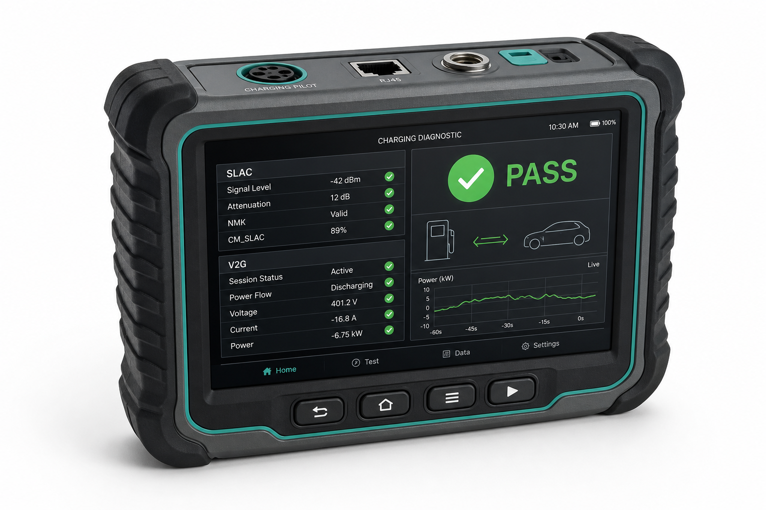 EVCT 핸드헬드 진단 시험기 제품 렌더링 — SLAC·V2G 실시간 진단 대시보드와 PASS 판정 화면