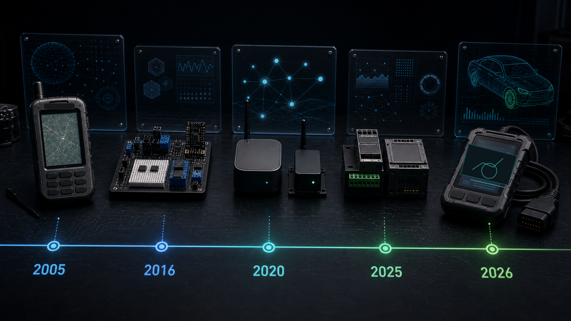 2005 PDA·GIS부터 2016 엘리오, 2020 무선 IoT, 2025 고객 프로젝트, 2026 EVCT 진단기까지 20년 기술 타임라인