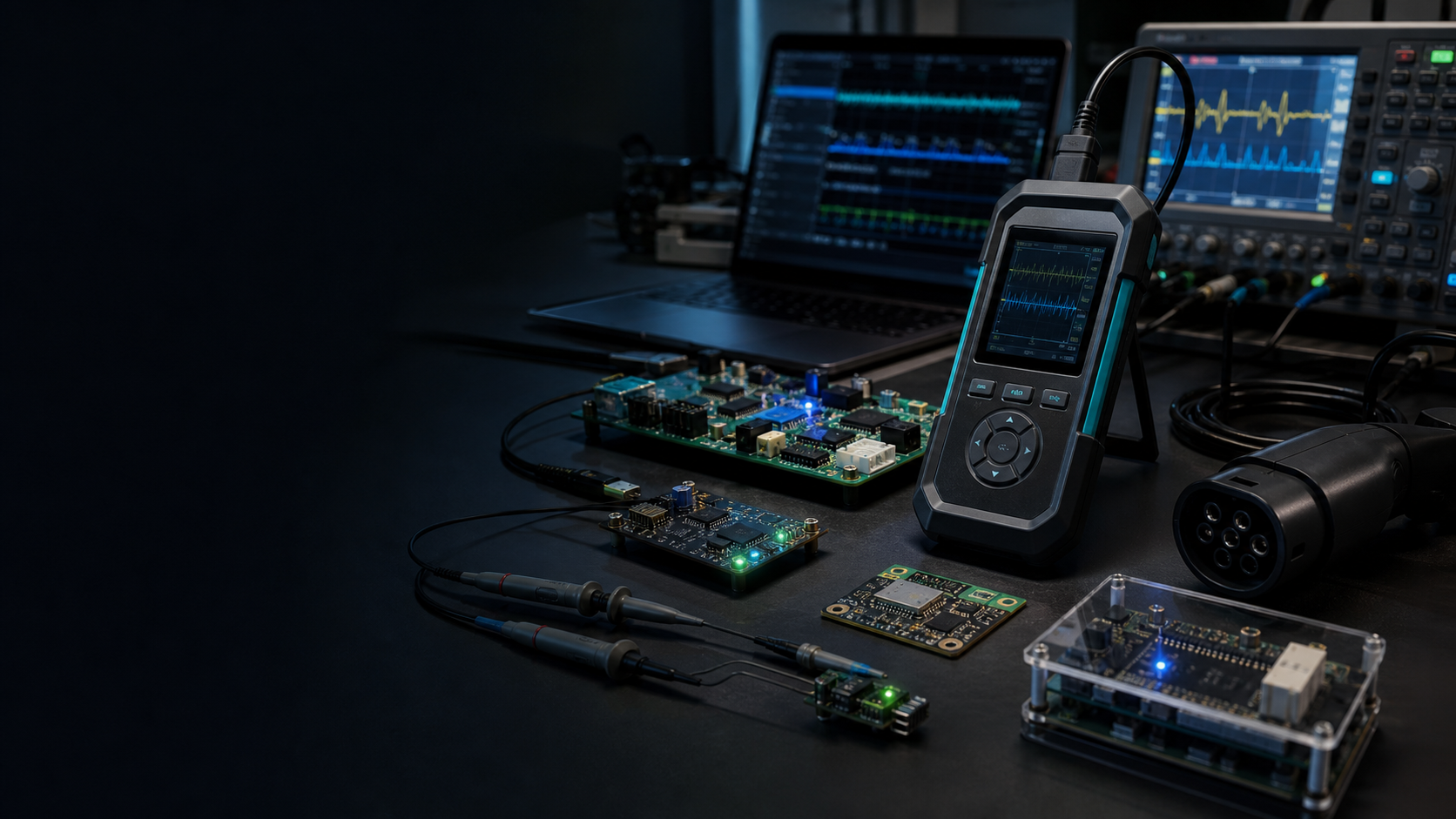 모빌리안 임베디드·IoT·EV충전 R&D 연구실 — EVCT 진단기, EVSE/PEV 개발보드, 오실로스코프, 엘리오 보드가 놓인 실험대