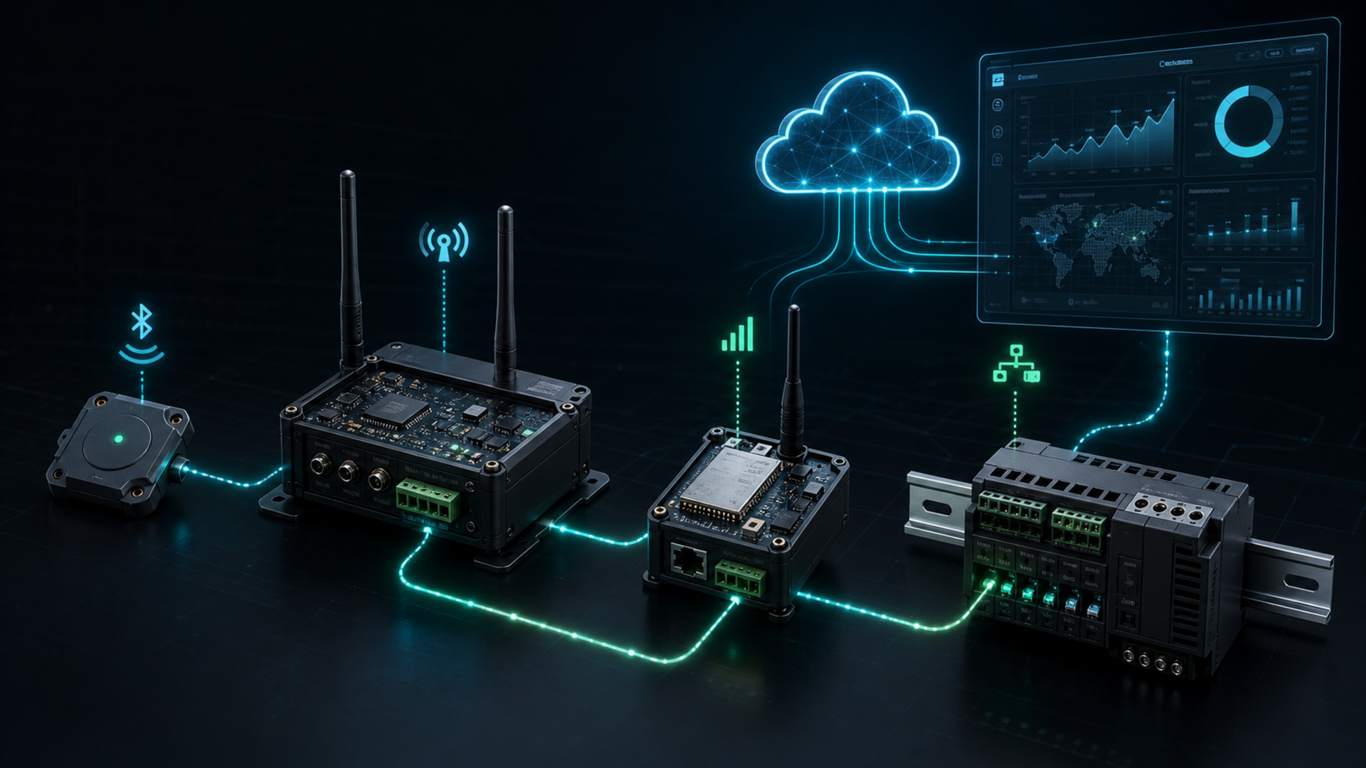 BLE 센서 노드·LoRa 게이트웨이·LTE-M 모뎀·RS-485 산업장치가 클라우드 대시보드로 연결되는 IoT 생태계